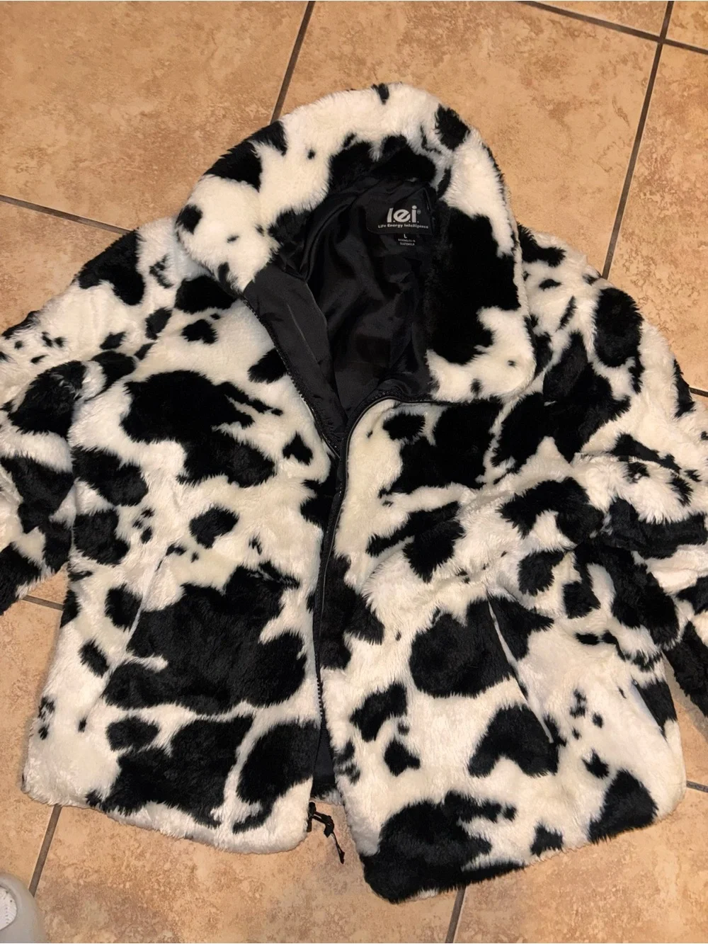 lei Black & White Faux Fur Cow-Print Puffer Jacket